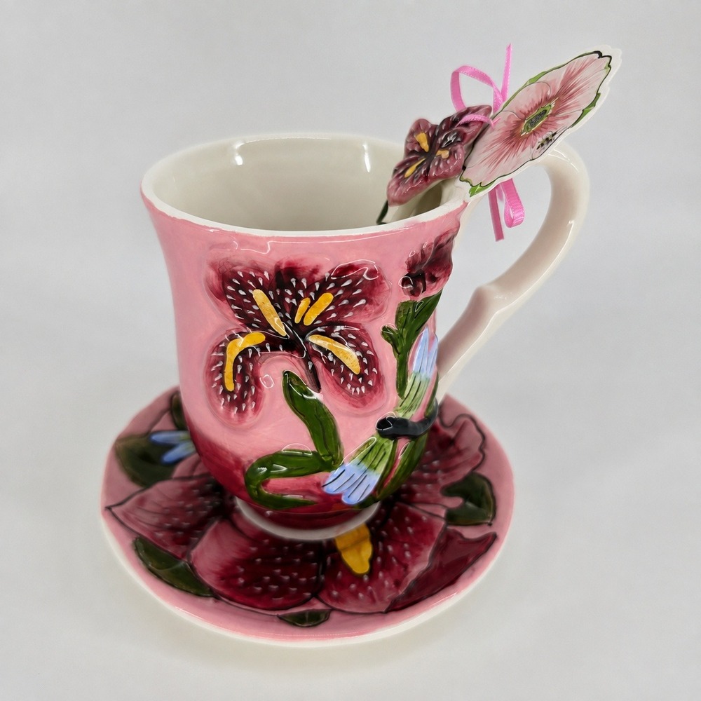 Blue Sky Clayworks Heather Goldminc Dragonfly Plum Iris Tea Cup NWT Set